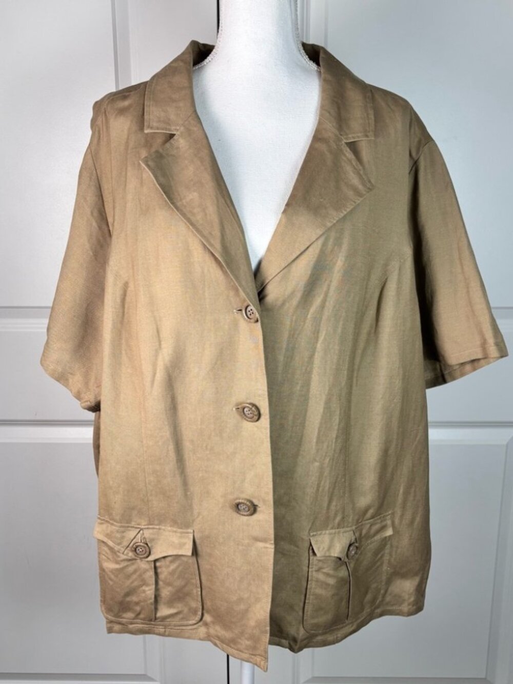 Maggie Barnes 3X Tan Linen Blend Blazer Short Sleeve Leopard Print Lining - Picture 2 of 8